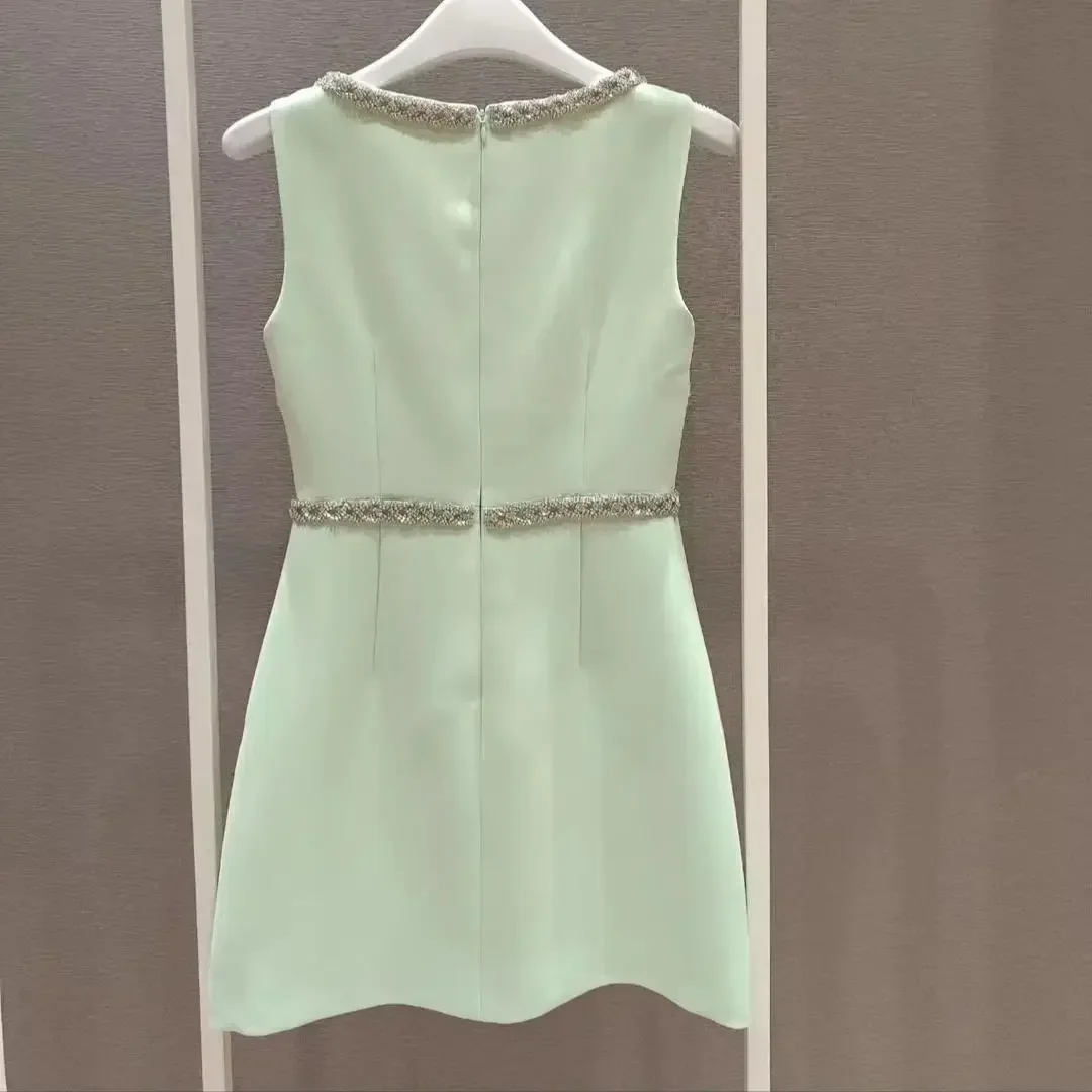 Bow Diamond Decorated Women's Green Dress Square Collar Sleeveless High Waist Hollow Out Sweet Ladies Mini Robe