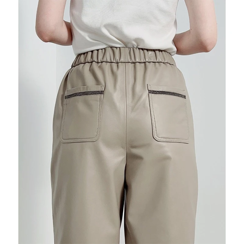 Real Leather Pants for Women Imported Sheepskin Gray Drawstring Elastic Waist Harem Pants Casual Loose Slim Cigarette Trousers