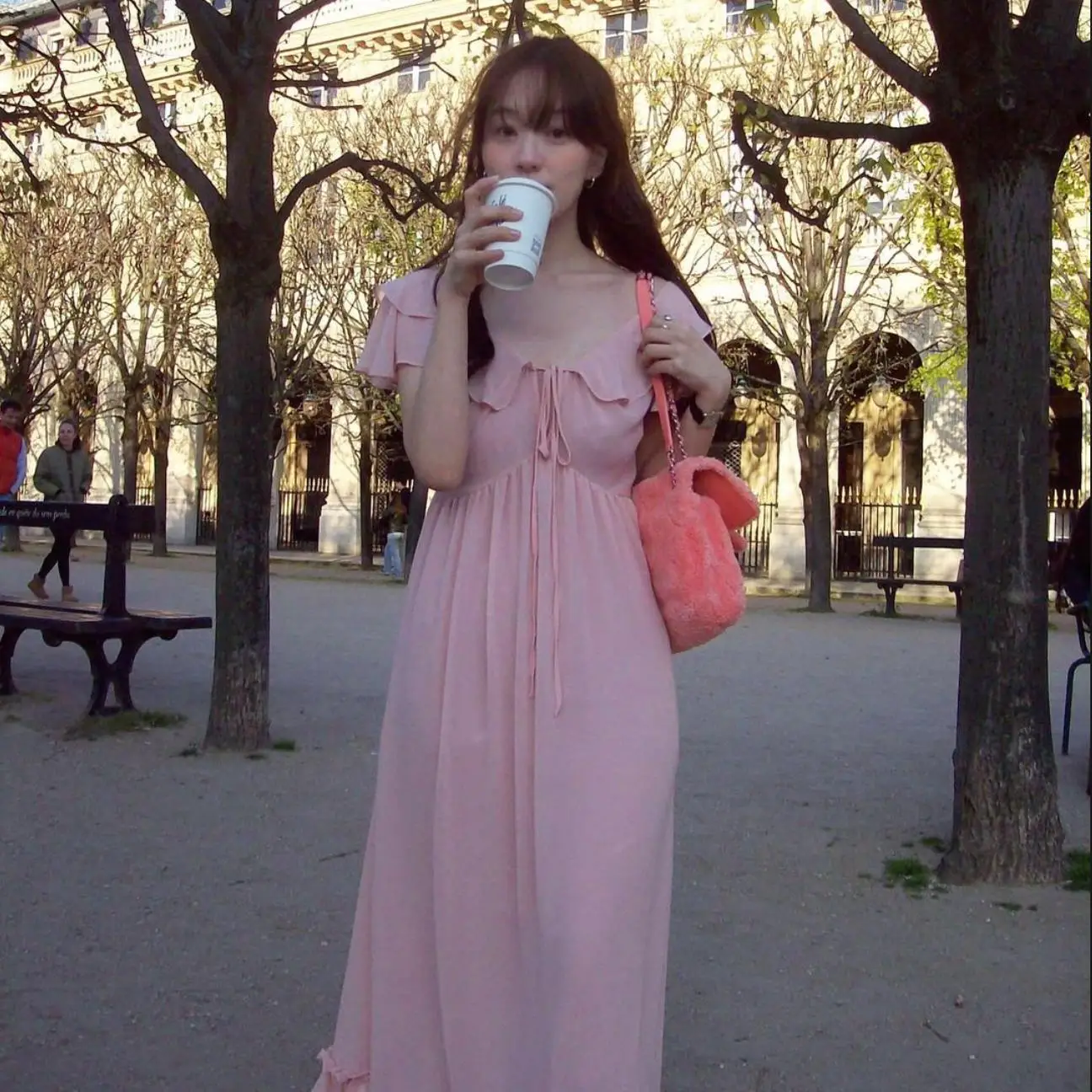 

Женское корейское платье из мягкой ткани с розовым кружевным подолом, в стиле «Первая любовь», простое, летнее, подходит для весны, осени и зимы