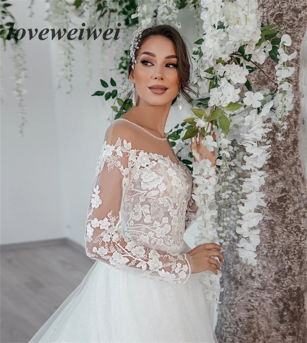 Long Sleeves Wedding Dresses Sparkling Tulle Floral Lace Beaded A Line Bridal Dress Long Bride Dress Elegant Bridal Custom Size