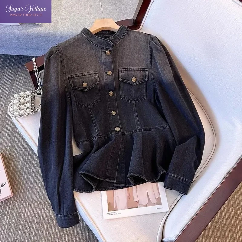 

Y2k джинсовая куртка с рюшами по подолу, женская весна-осень 2024, новая мода, облегающее укороченное джинсовое пальто с застежкой на талии, повседневная верхняя одежда для миниатюрных размеров