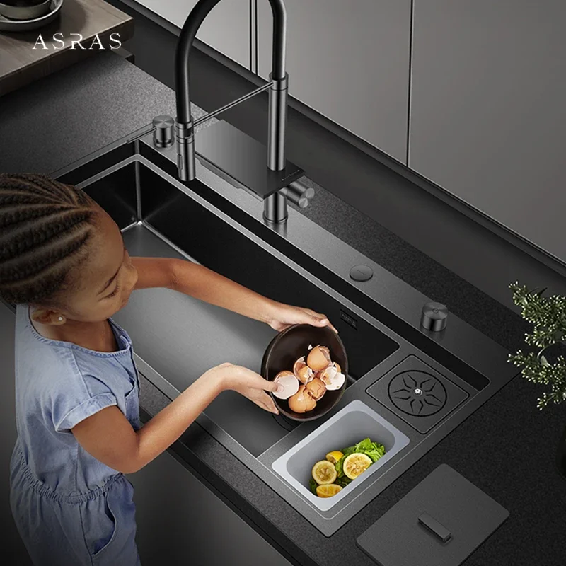 ASRAS New Large Size Nanometer Waterfall Faucet Kitchen Sinks 4mm Panel Handmade Kitchen Sinks Cup Rinser Sinks