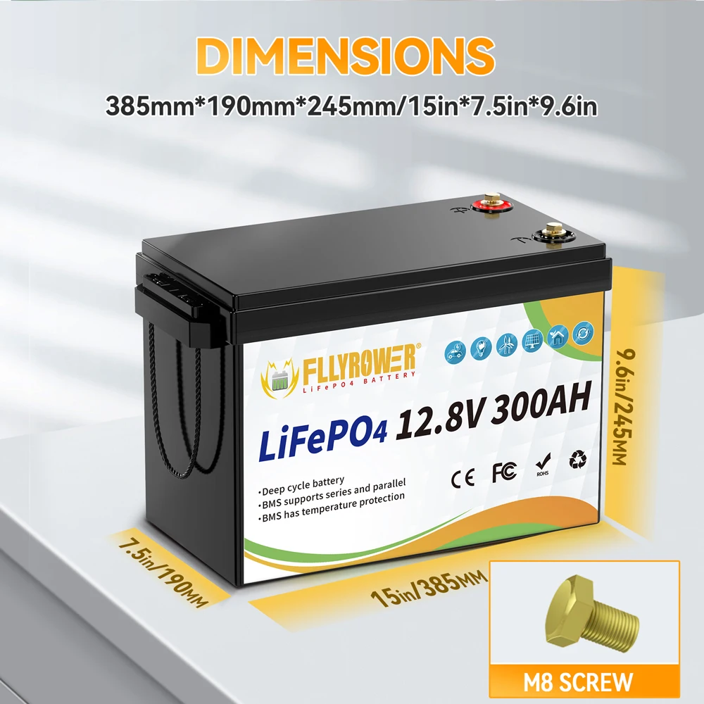 FLLYROWER 12V 300Ah LiFePO4 lithiumbatterij met 200A BMS-energie diepe cycli voor off-grid camper zonnestelsel RV boot