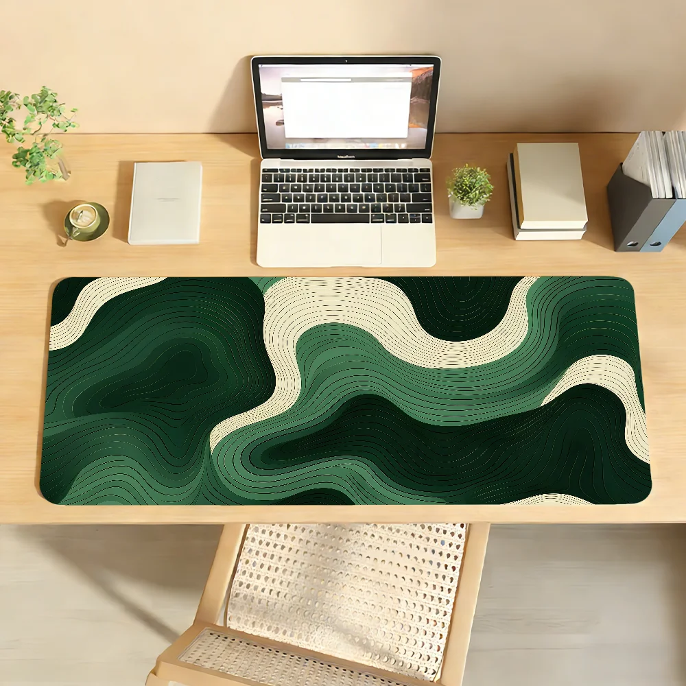 Green and Beige Abstract Zen Waves Mouse Pad For Office Gaming And Keyboards Non-Slip Large Waterproof
