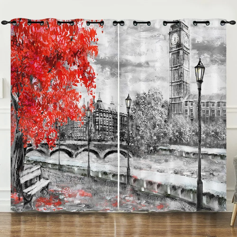 3D Print Modern City Lovers Paris Eiffel Tower Maple Leaf 2 Pieces Curtain for Living Room Bedroom Kitchen Office Decor 2024