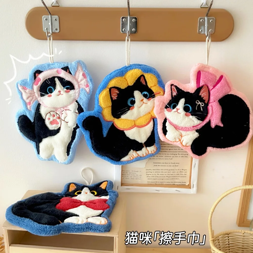 Hanging Hand Towel Soft Absorbent Coral‑Fleece Handkerchief Lovely Kitten Pattern Quick‑Dry Kitchen Towel for Home Bathroom