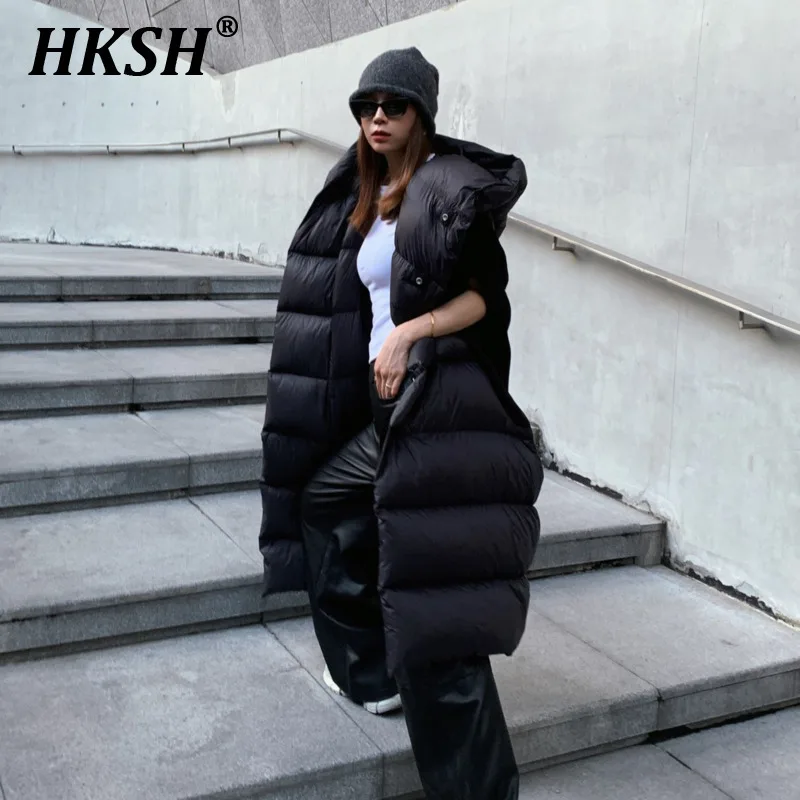 HKSH Autumn Winter New Women's Tide RO Dark Knitted Sleeve Splicing Half Down Jacket Loose Cold Proof Cotton Padded Coats HK3210