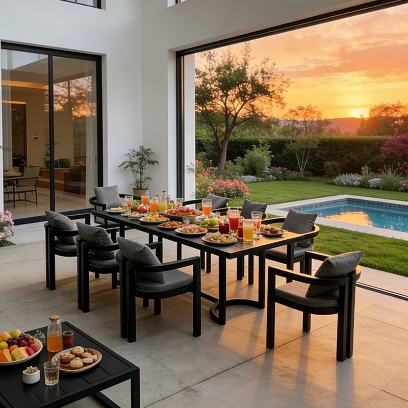 Modern Square Aluminum Outdoor Dining Table Set-Durable Waterproof UV-Resistant Finish 3 Year Warranty Banquet Use for Hotels