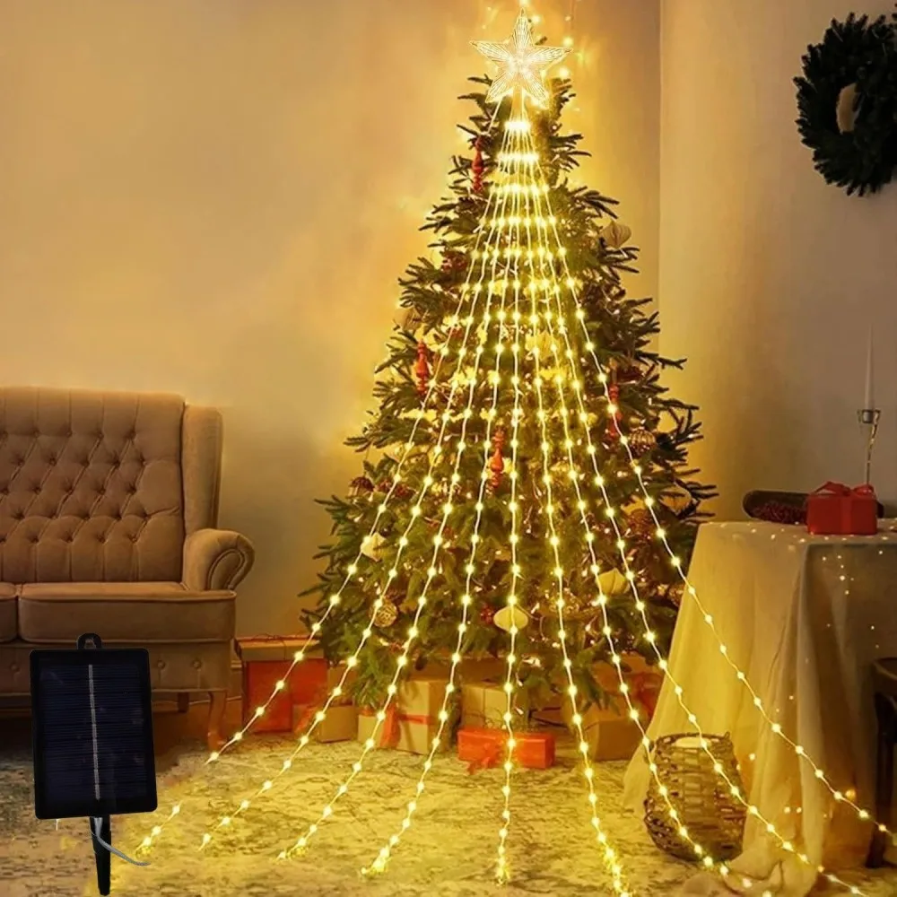 2M192LED/3M282LED Solar LED Star Waterfall Fairy Light String, Outdoor Garden Courtyard Waterproof Christmas Lighting Decoration