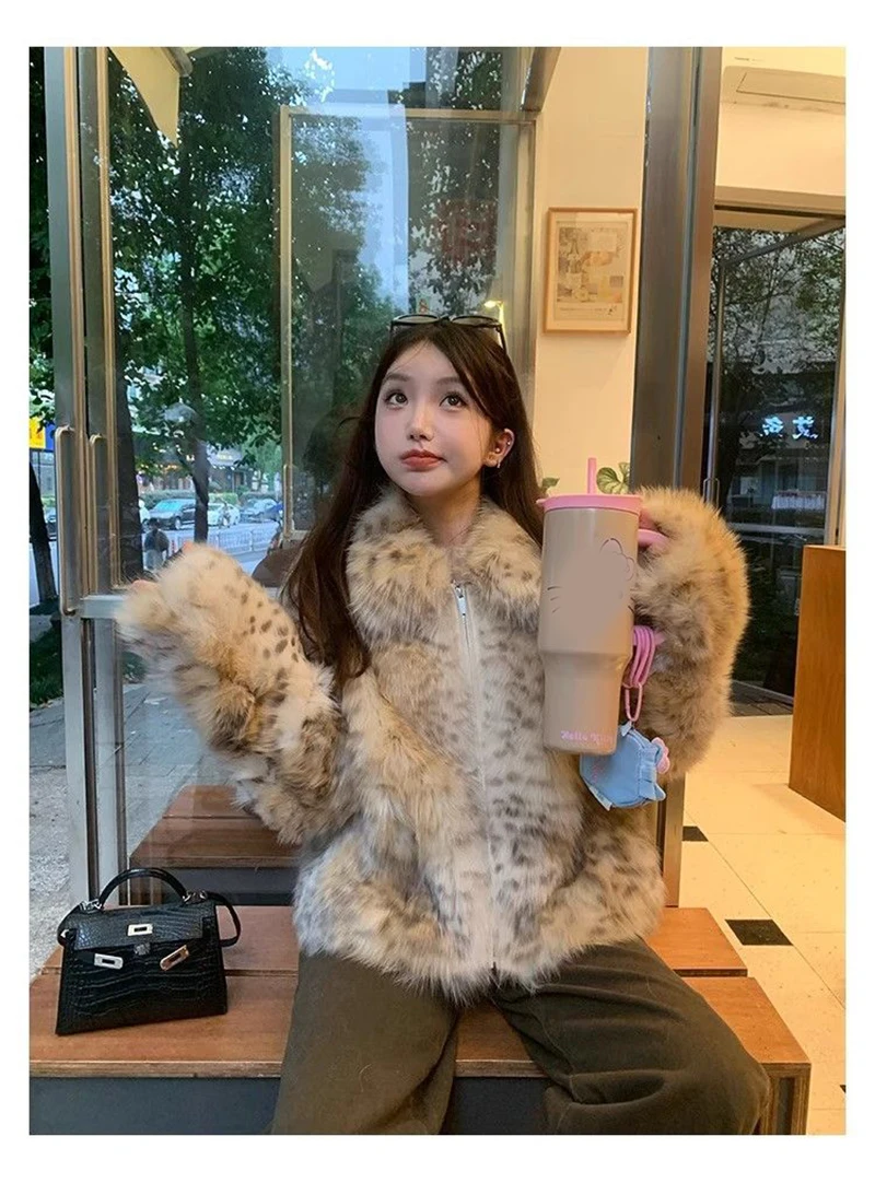 Leopard Faux Fur Coat Women Winter Thick Warm Vintage Streetwear Jacket Casual Zipper Female Retro American Hip Hop Outwear Tops
