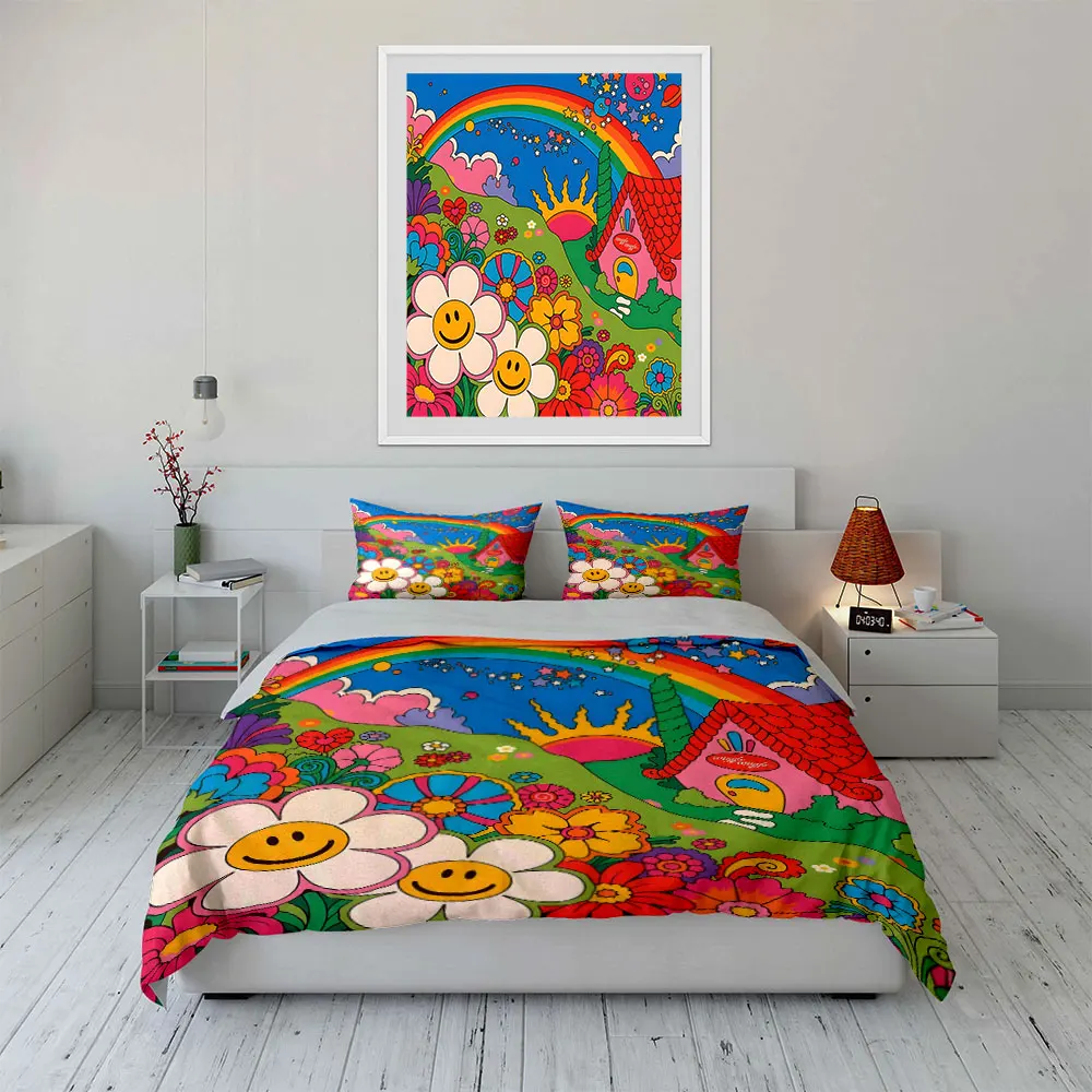 Rainbow, Flowers, and Cartoon House Print Soft Comfortable Duvet Cover Bedding Set Included 1*Duvet Cover  2*Pillowcases