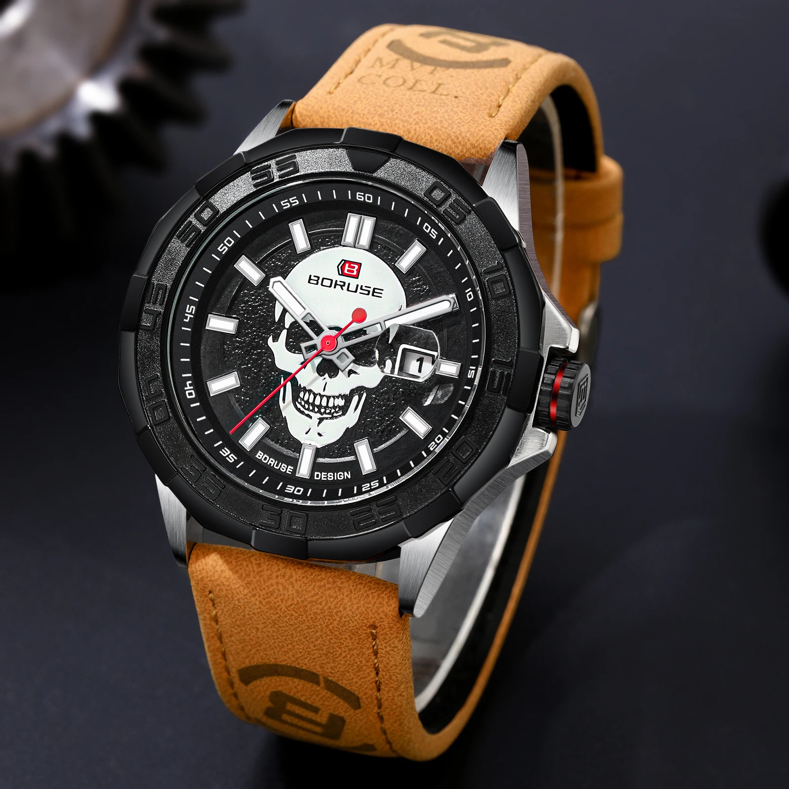 BORUSE Skull Waterproof Watch Men's Luminous Quartz Watch Leisure Sports Multi-functional Timer watches for men