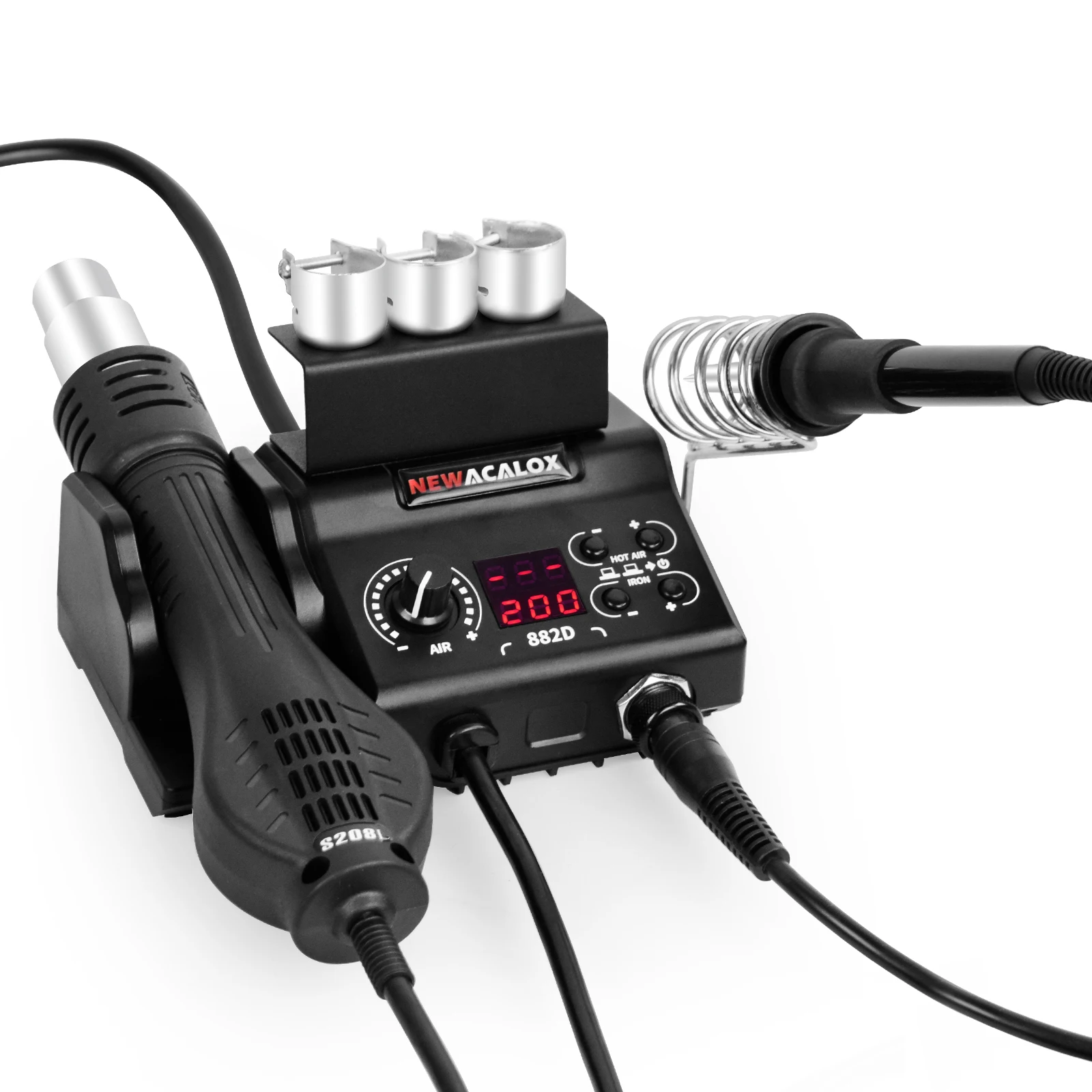 882D Soldering Iron Station 2-IN-1 SMD Hot Air Rework Station With 3 Hot Air Nozzles, Soldering Iron Stand, Heat Gun Holder