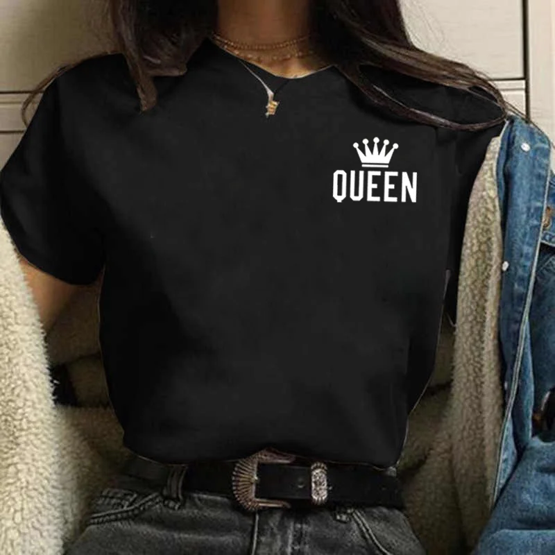 6 Colors Cotton Queen Letter Print Top Short Sleeve Basic Women Tee Clothing 2024 New Fashion Casual Loose Tops