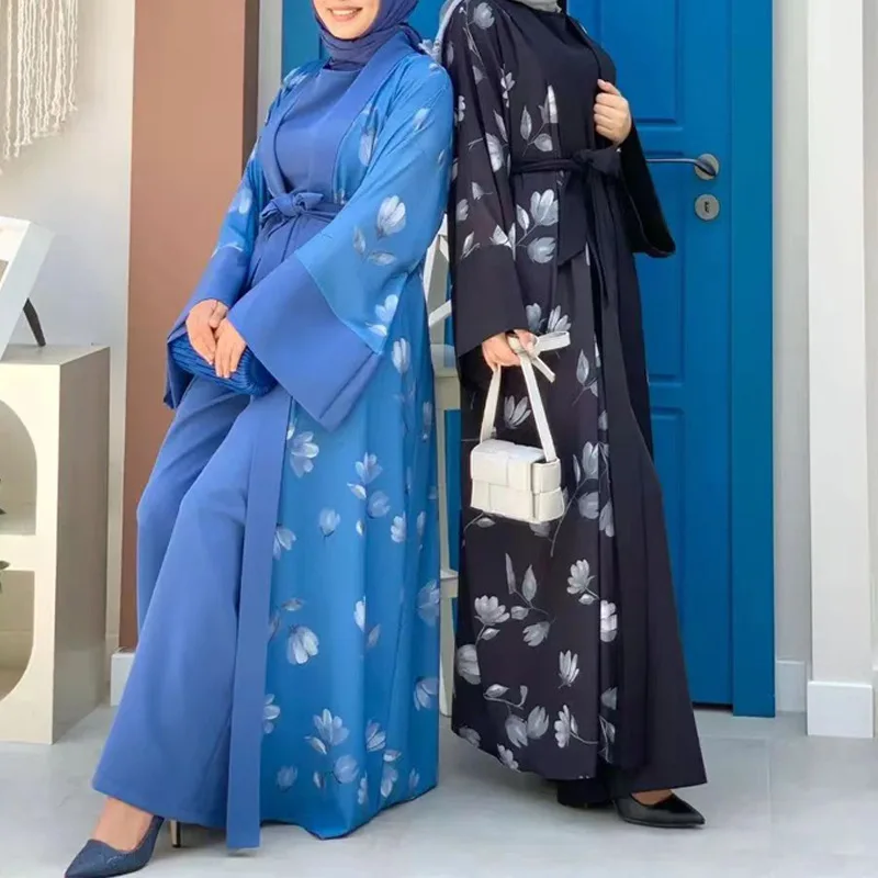 2024 2XL Flower Long Open Abayas Elegant 2 Piece Suit Muslim Fashion Modest Clothing Pantalons Niqab Muslim Sets Prayer Dress