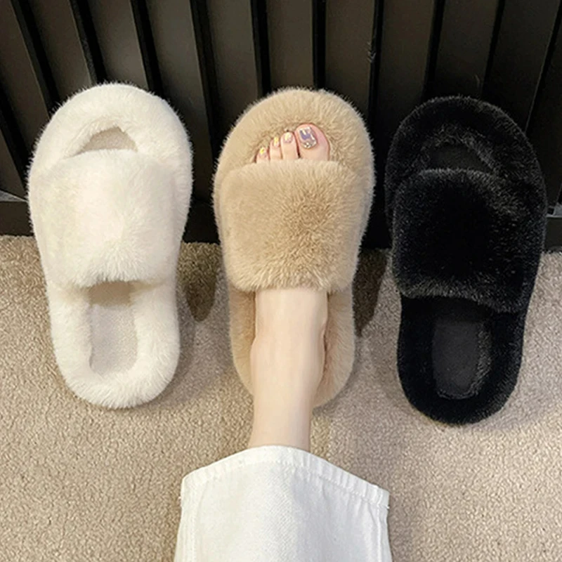 Crestar Women Thicken Plush Fur Slippers Lady Elegant Furry Comfortable Warm Indoor Slippers Thick Bottom Cozy Cotton Slippers