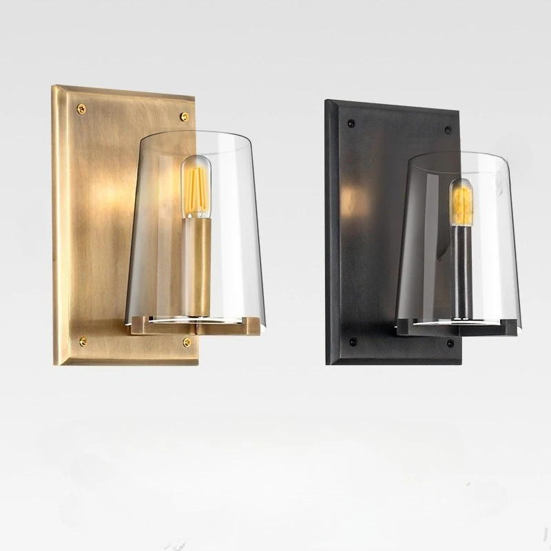 

Postmodern Rectangle Copper Base LED Wall Lamps Conical Transparent Glass Light Living Room Bedroom Restaurant Corridor Sconces