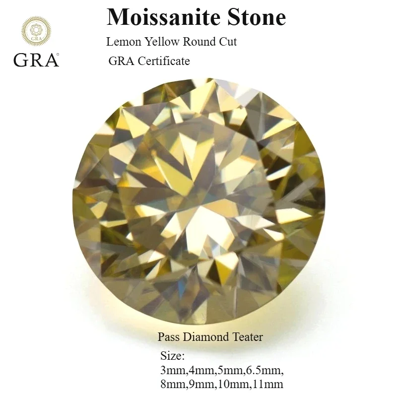 

Moissanite Loose Stone Round Cut Lemon Yellow Gemstone For Jewelry Making Materials With GRA Certificate Pass Diamond Tester