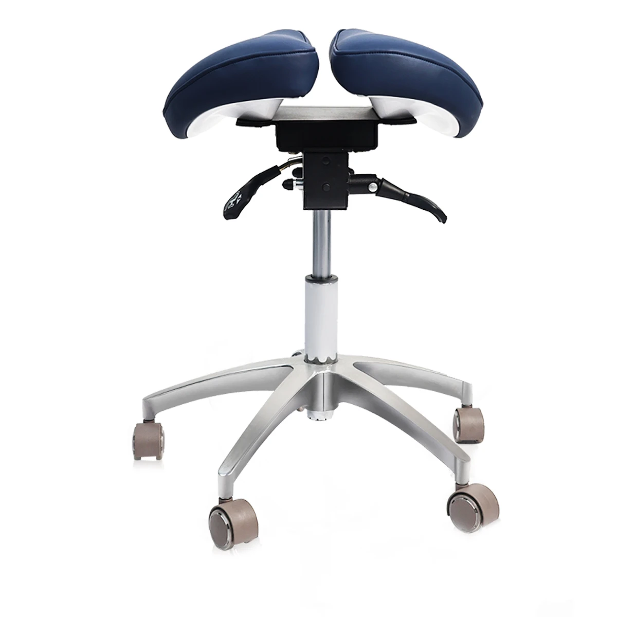 Dark Blue Saddle Stool, Height Adjustable Ergonomic Split Seat Dentist Chair with Wheels