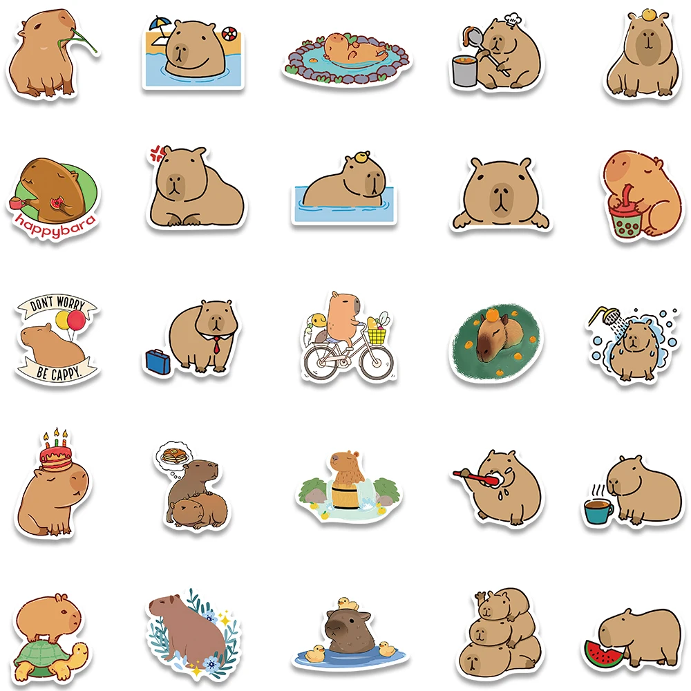 50 buah stiker Capybara kartun hewan lucu stiker grafiti untuk anak-anak DIY Laptop bagasi gitar Skateboard stiker buku tempel