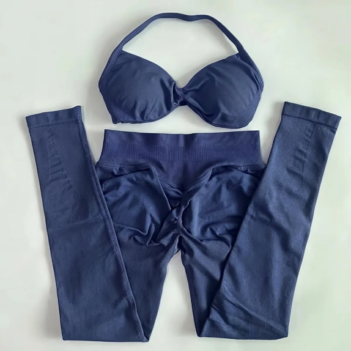 Yoga Tightening 2Pc Seamless Set Strappy Sports Bra and High Waist Scrunch Booty Leggings Solid Color Fitness Workout Outfit
