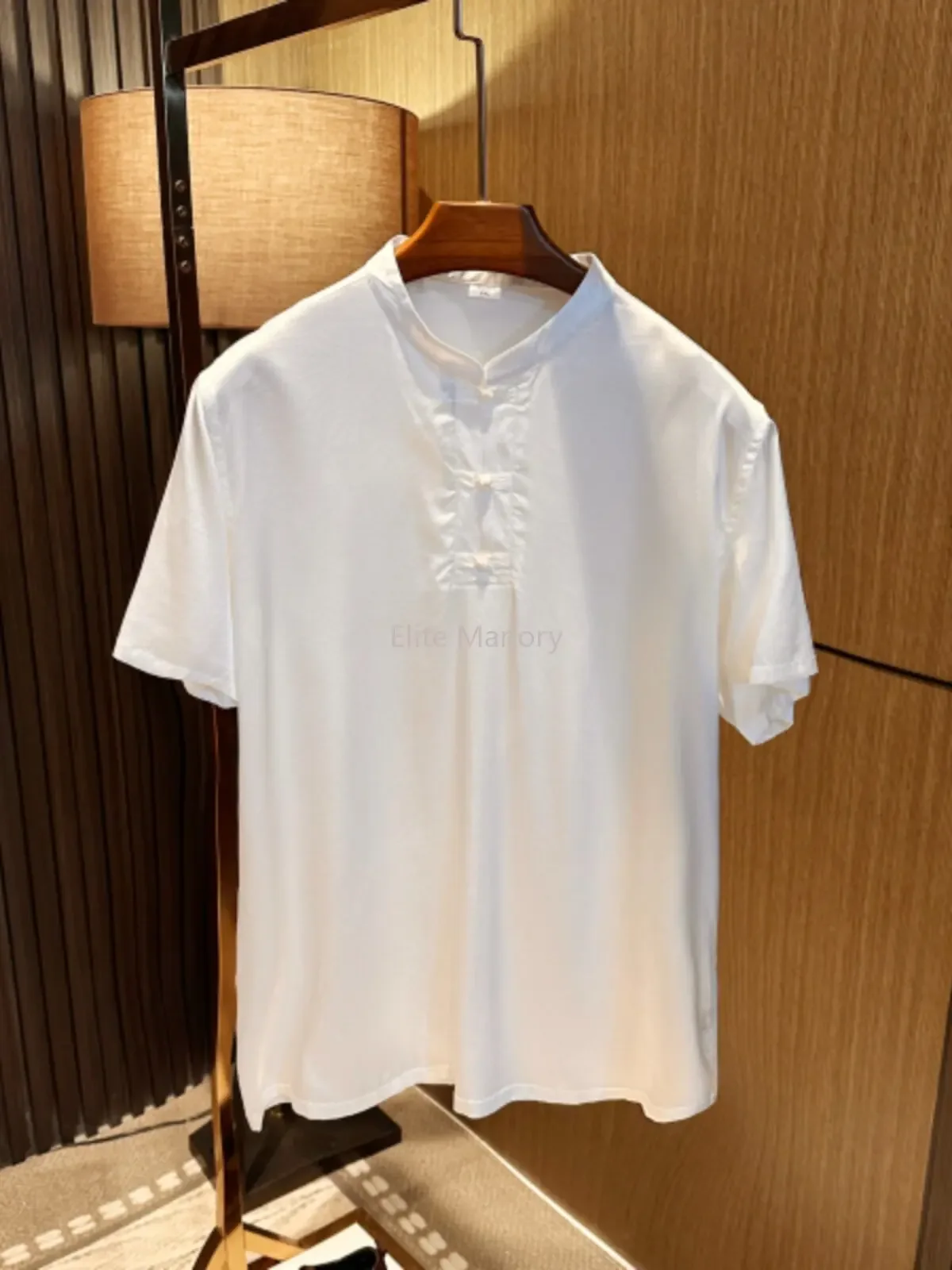 High-end mulberry silk! Summer men's disc-button stand-up collar Chinese style shirt silk short-sleeved shirt