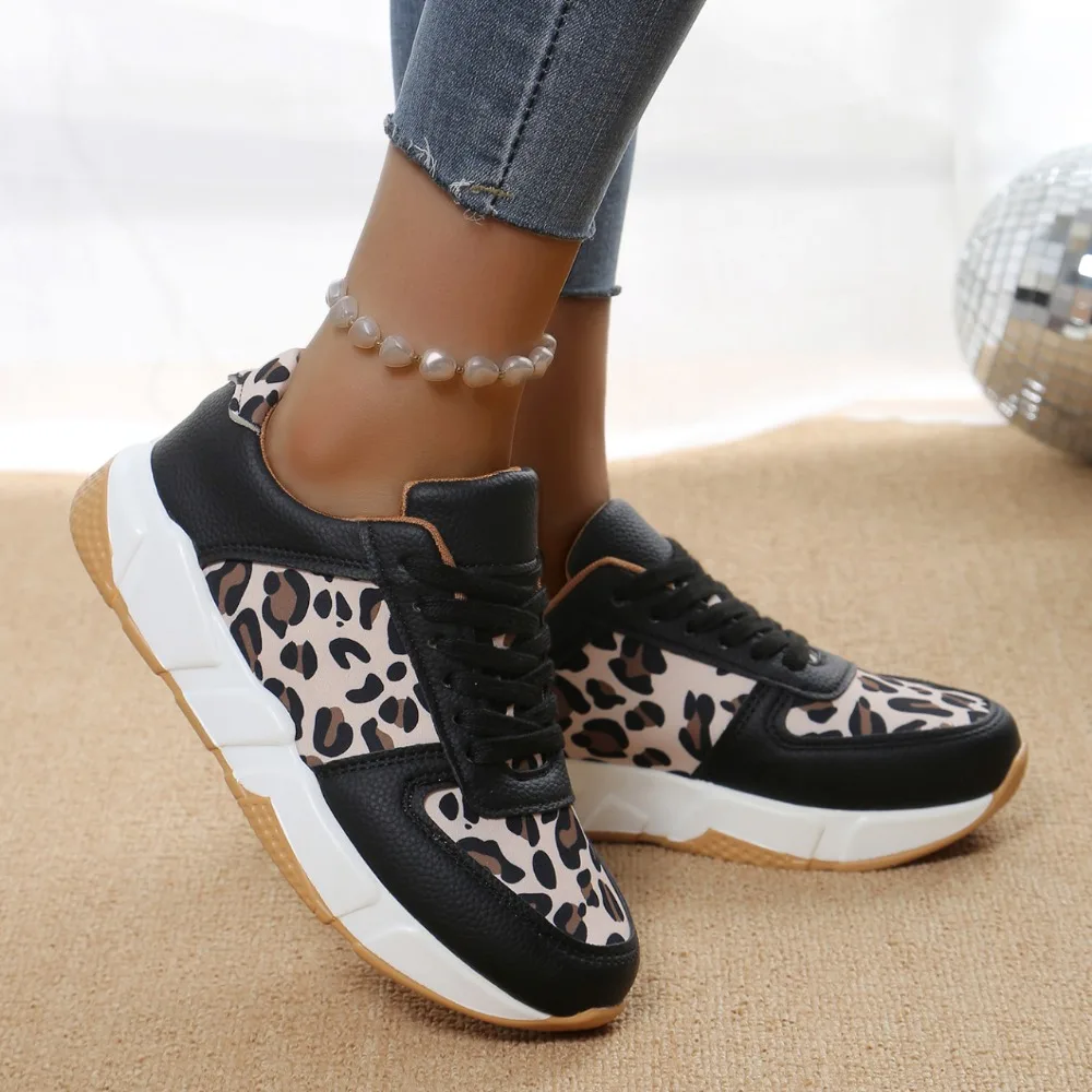 Women\'s Ankle Shoes 2024 Spring Fashion Casual Leopard Shoes for Women Platform Ladies\'s Sneakers Low Top Lace Up Tenis Feminino