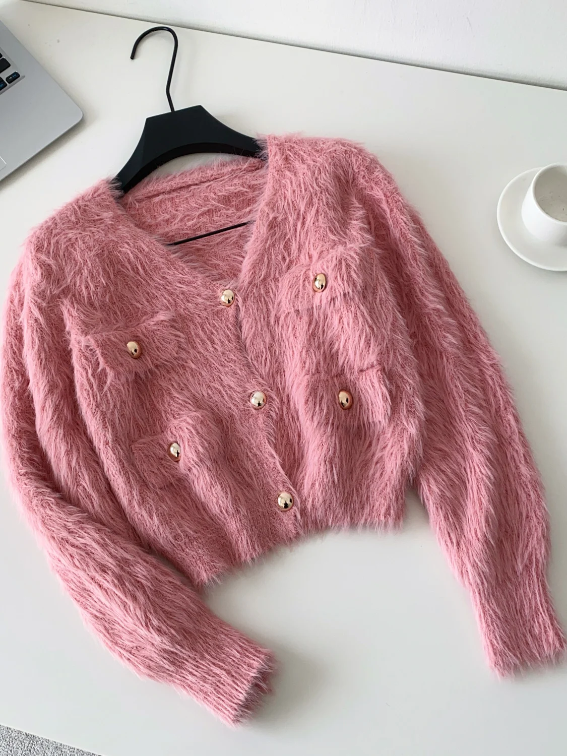 

Faionable Knitted ort Svel V-ne Outerwear Women's High-end Metal Bule French Sle Loose Fit Warmth Autumn Coat