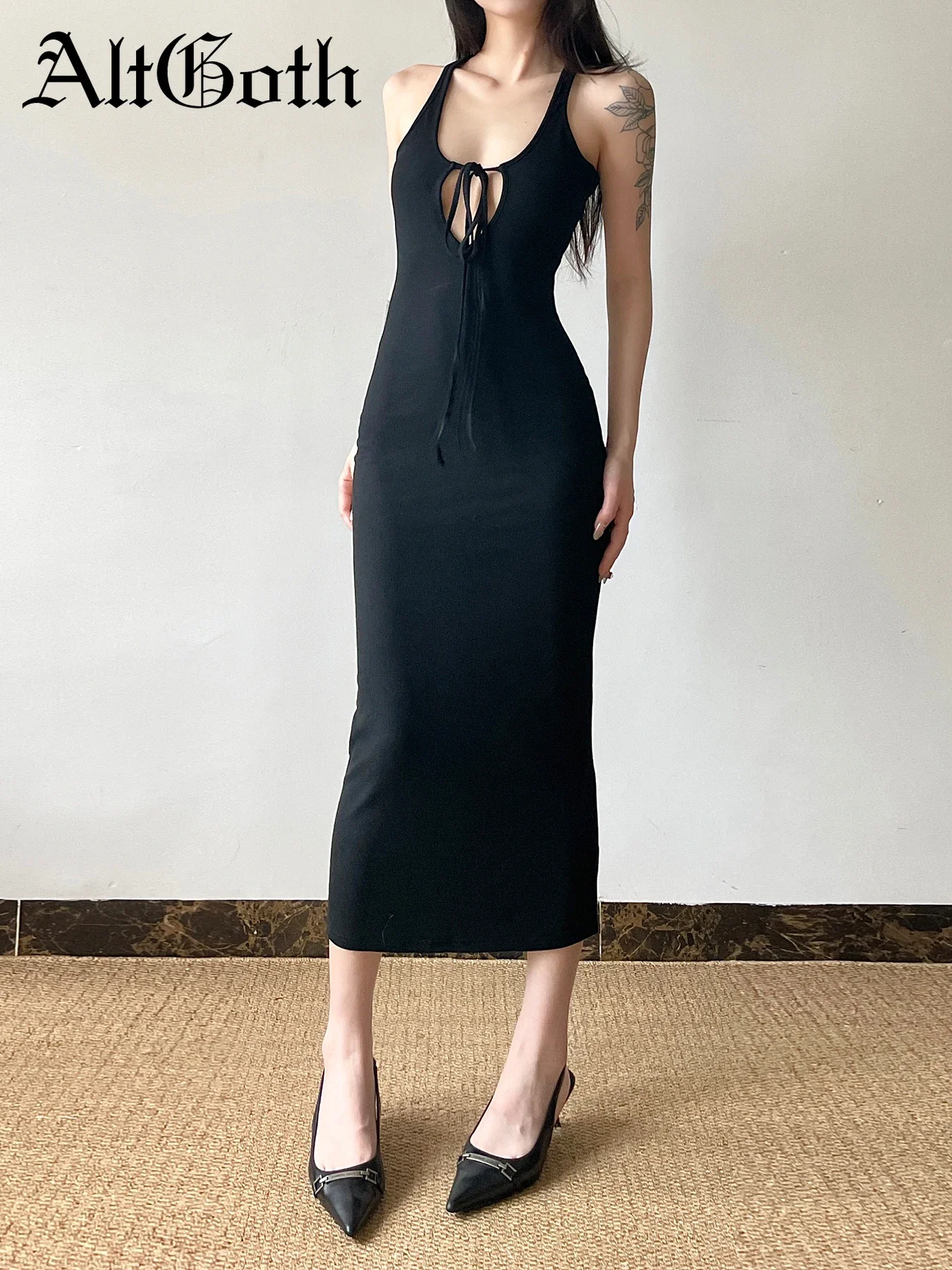 AltGoth Elegant Aesthetic Black Dress Women Dark Gothic Streetwear Hollow Out Spaghetti Strap High Waist Bodycon Dress Partywear