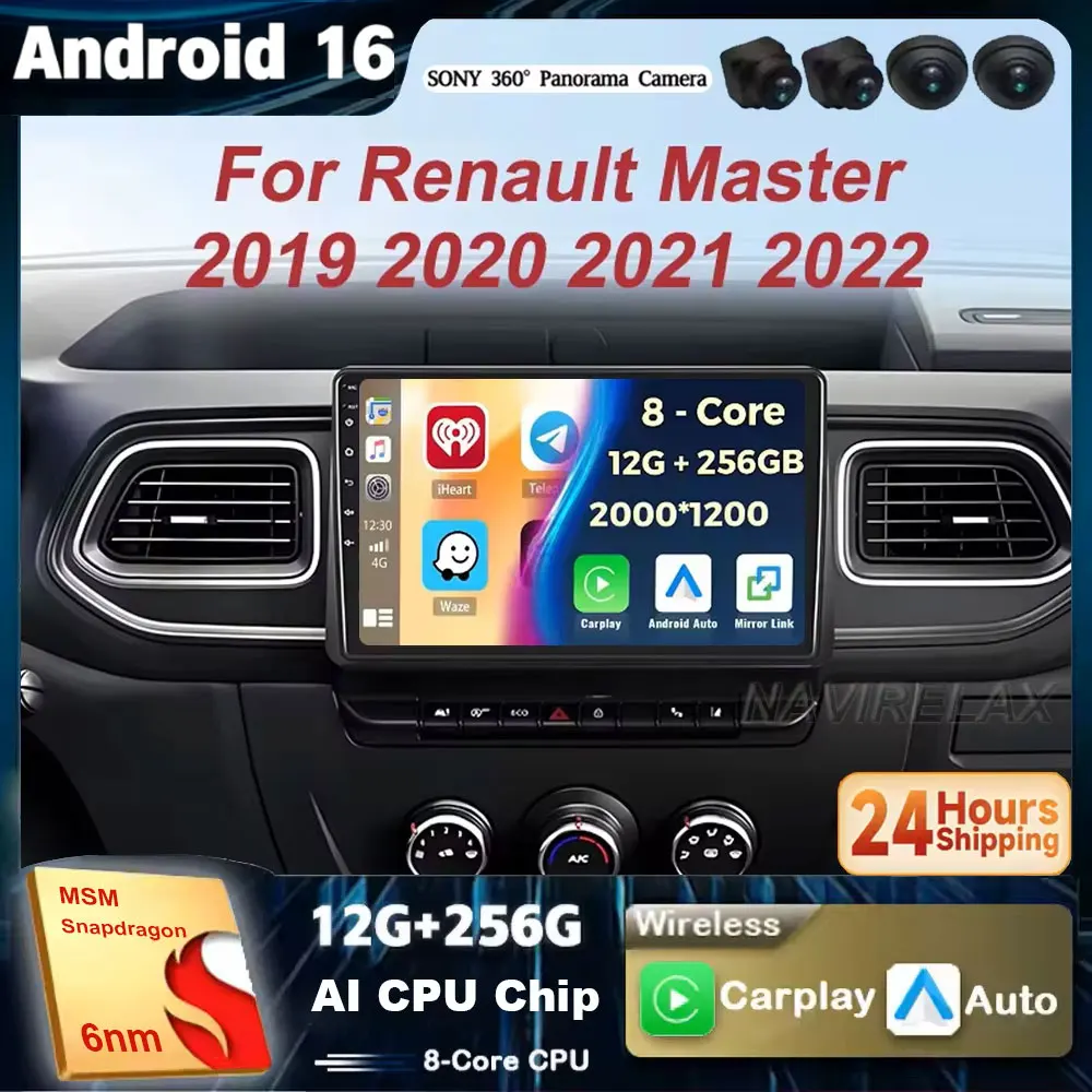 Android 16 Carplay Auto For Renault Master 2019 2020 2021 2022 Car Radio Navigation DVD Video Player 2 Din Stereo 360 Camera DSP
