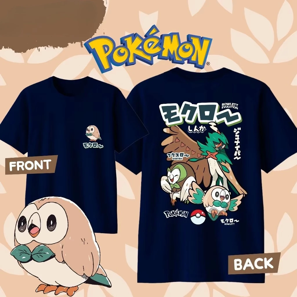 Camiseta de Algodón 100% con Diseño de Rowlet de Pokémon, Nueva Colección 2026, Estilo Casual Harajuku para Hombre y Mujer