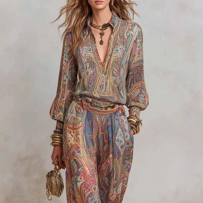 Retro Boho Printed 2 Piece Set for Women 2026 V Neck Top + Wide Leg Trousers Elegant Outfit Suit Casual Loose Suit Outfit