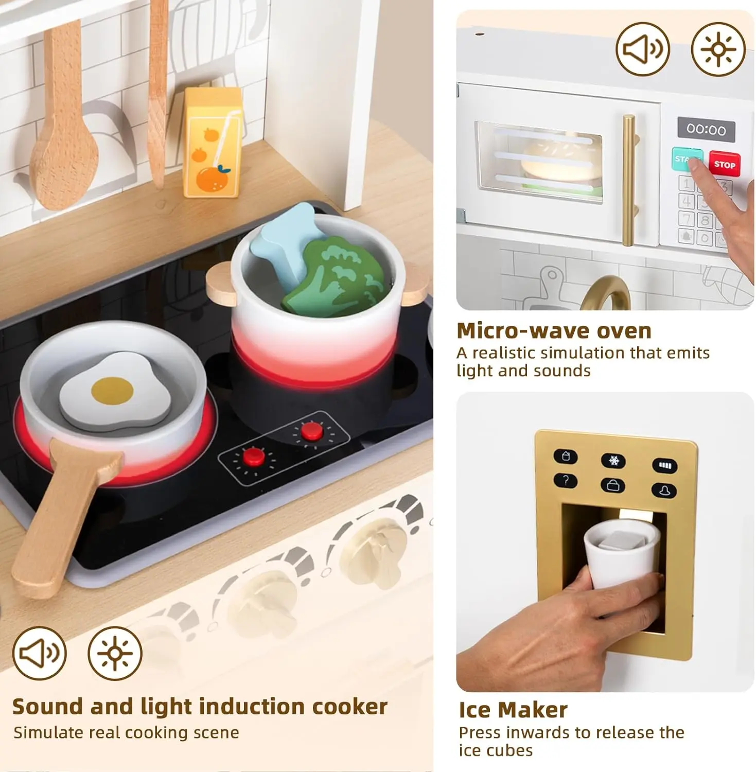 Drewniany zestaw kuchenny dla dzieci, symulowane dzieci bawią się w kuchni ze światłami i dźwiękami, przyjemna zabawka do odgrywania ról kuchnia z dużą ilością zabawy