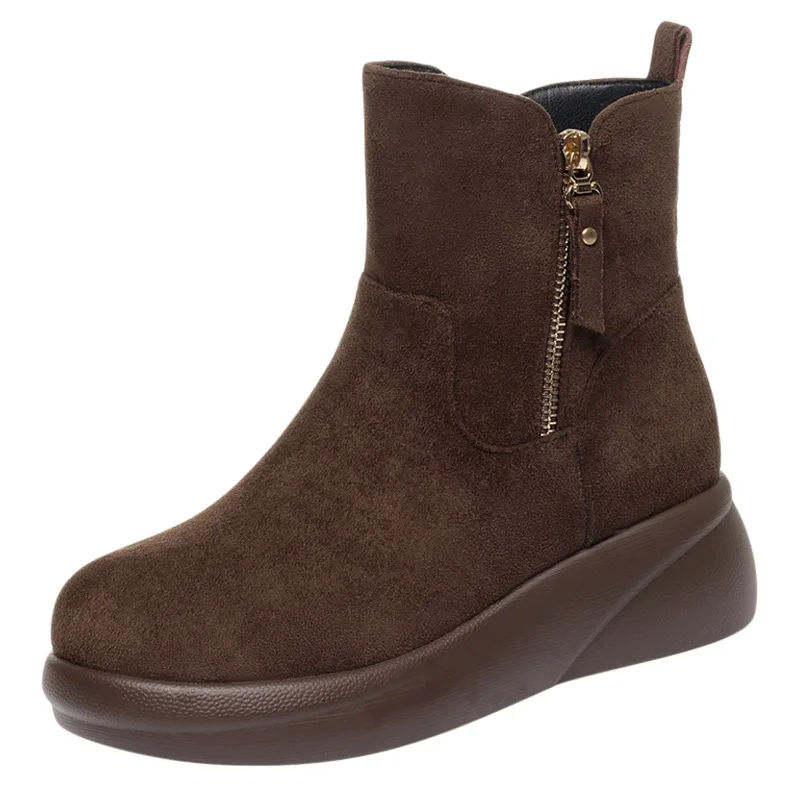 

Универсальные винтажные женские замшевые ботинки на толстом меху, зима 2026, теплые короткие ботильоны на плоской платформе для офиса, мамы, работы на каждый день