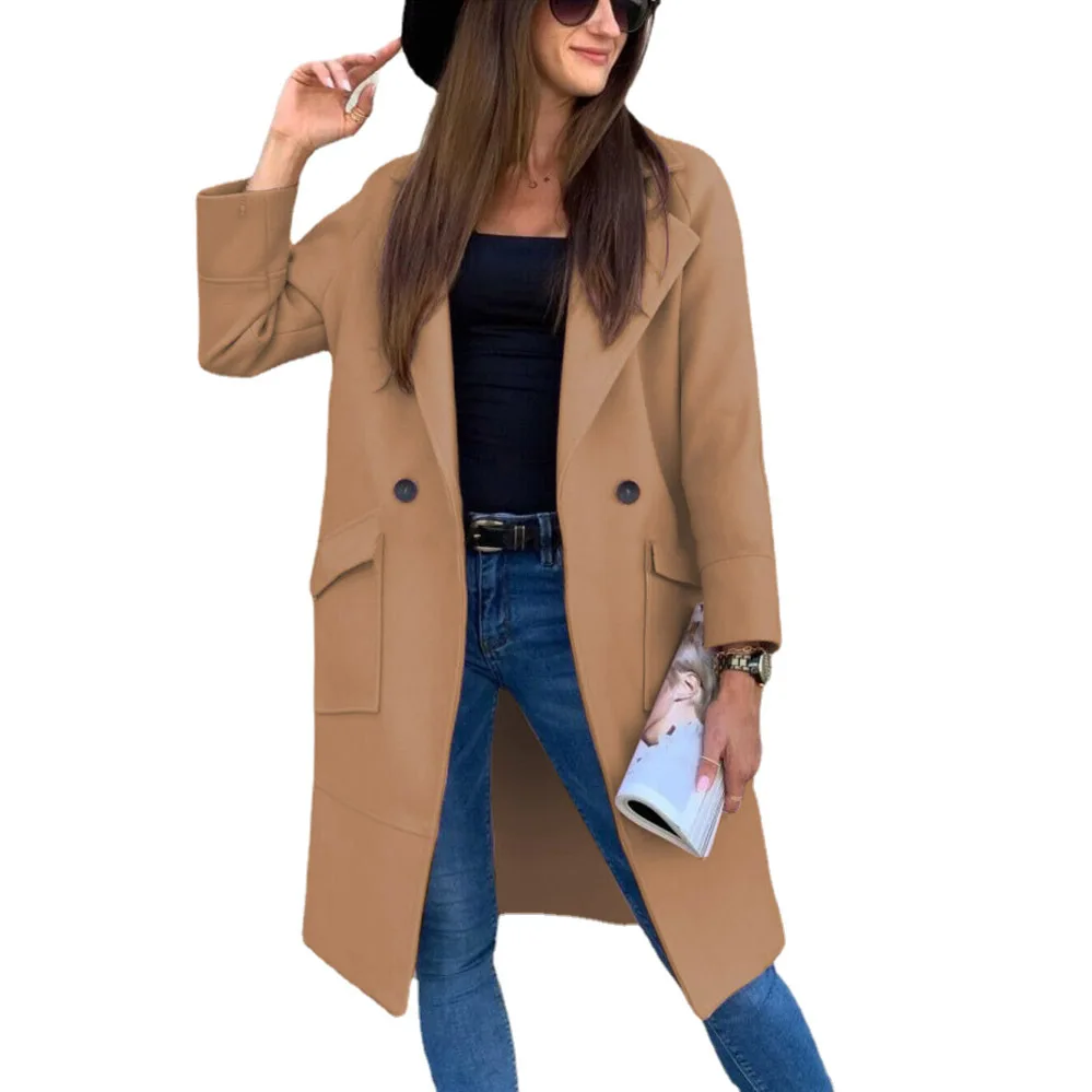 Abrigo de manga larga para mujer, abrigo elegante con bolsillo y botones, Color sólido, moda de otoño e invierno, novedad