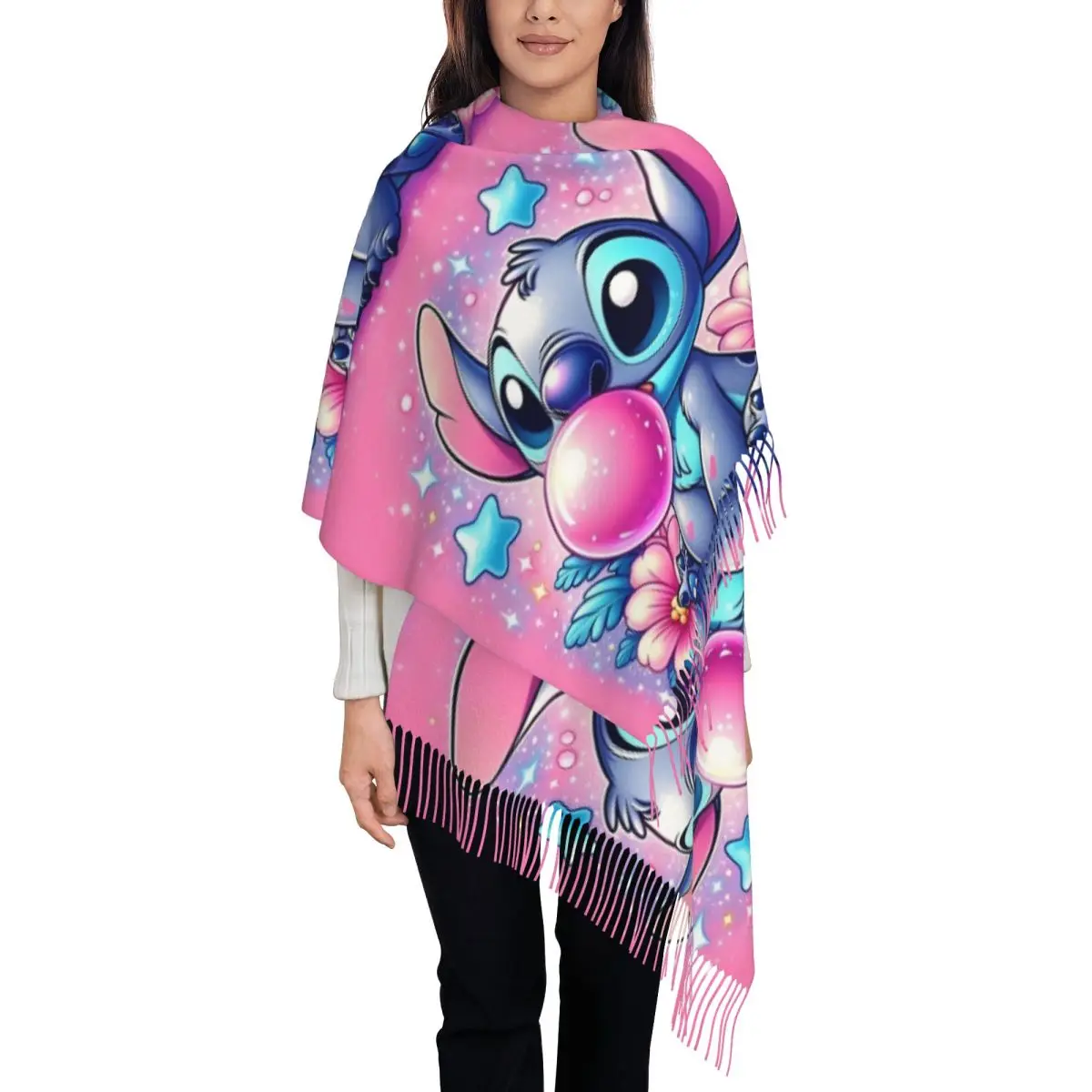 

Custom Luxury Cute Cartoon Lilo And Stitch Tassel Scarf Women Winter Warm Shawls Wraps Female Anime Scarves