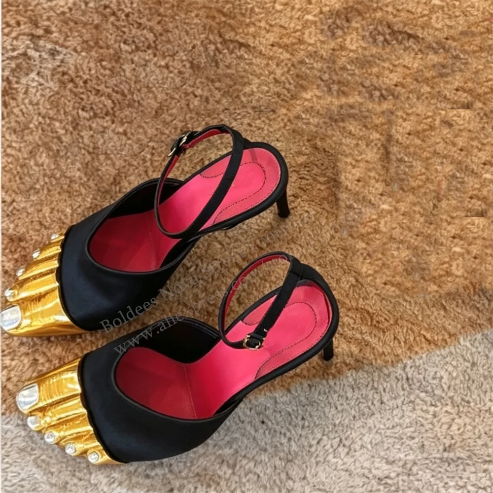 Ladies' Golden Metallic Toe Sandals Summer New Stiletto Heel One Button Wristband Luxury Elegant Banquet Wedding Shoes