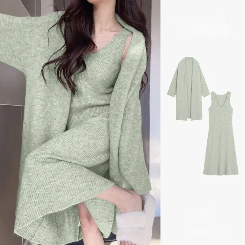 Autumn Green Knitted Sweater Dress Set Women Korean Fashion Long Sleeve Cardigan Coat+Long SLeeve A-line Dress Two Piece Set