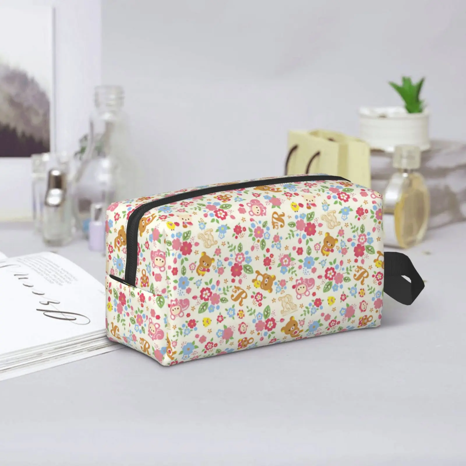 Cute Rilakkuma Flower Pattern Makeup Bag Cosmetic Organizer Dopp Kit Toiletry Cosmetic Bag for Women Beauty Travel Storage Bag