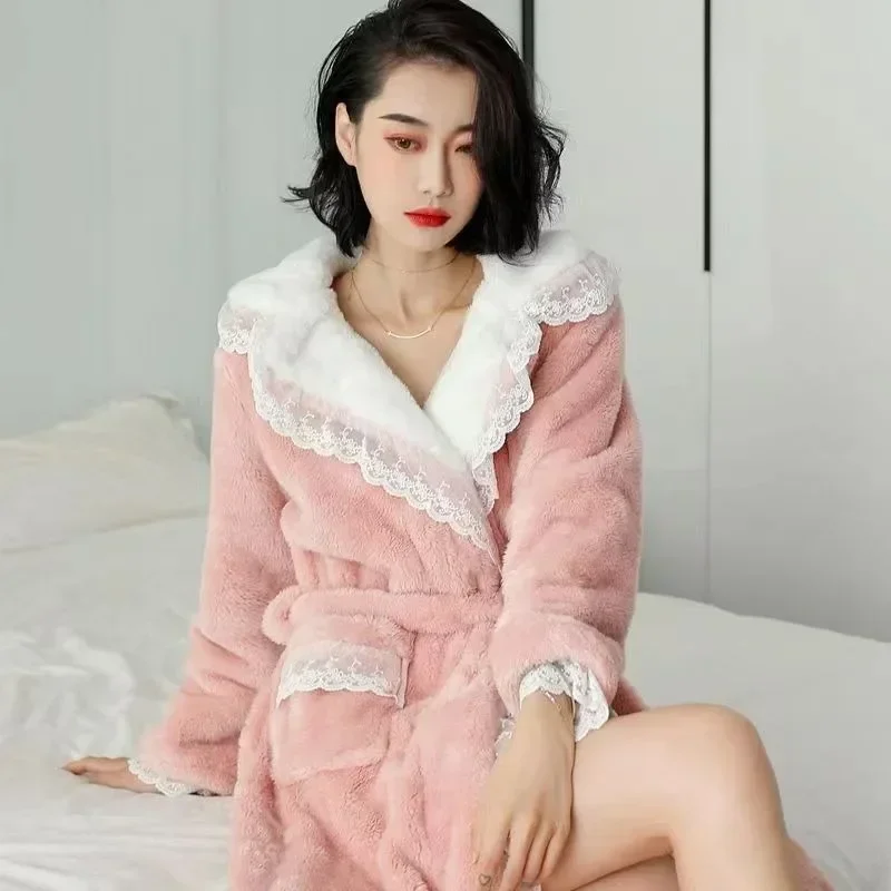 Women Dressing Gown Autumn Winter Thicken Warm Female Coral Velvet Pajama Dress Long Outer Loungewear Set V-neck Lace Edge Robes