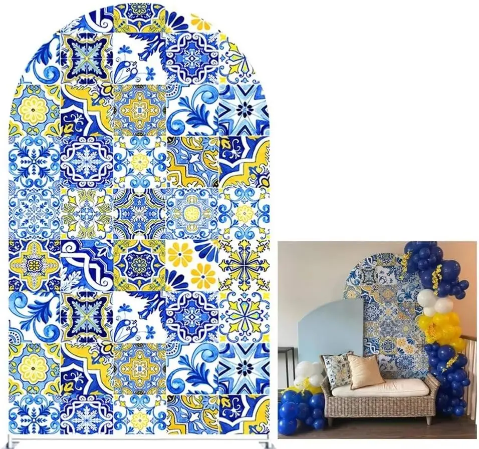 Custom 2-sided Mediterranean Patchwork Tile Theme Arched Cover Backdrop Birthday Wedding Party Background Porcelain Party Decor