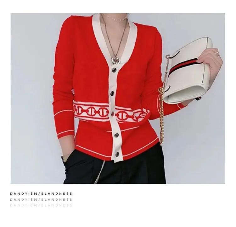 Knitted Cardigan Color Blocked Embroidery Spring Autumn V-neck Thin Korean Fashion Popular Item Women\'s Outerwear Meat Covering