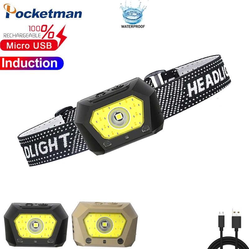 Super Bright LED Sensor Headlamp USB Rechargeable 5 Modes Headlight Waterproof  Head Torch Lanterna Lamp for Camping Hiking