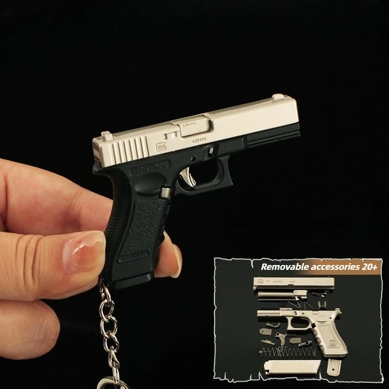 2.56in 미니 소형 총 키 체인 1:3 글록 트럼펫 분리형 금속 모델 장난감 총 배낭 펜던트 데스크탑 장식 소년 선물