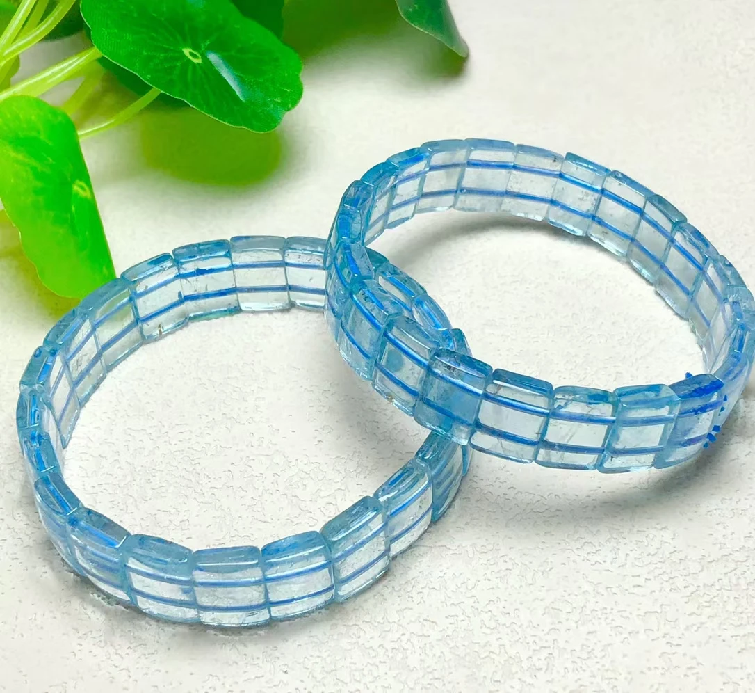 Natural Blue Topaz Crystal Clear Rectangle Beads Bracelet Woman Men 8*11mm Blue Topaz Stretch Cube Beads Jewelry AAAAAAA