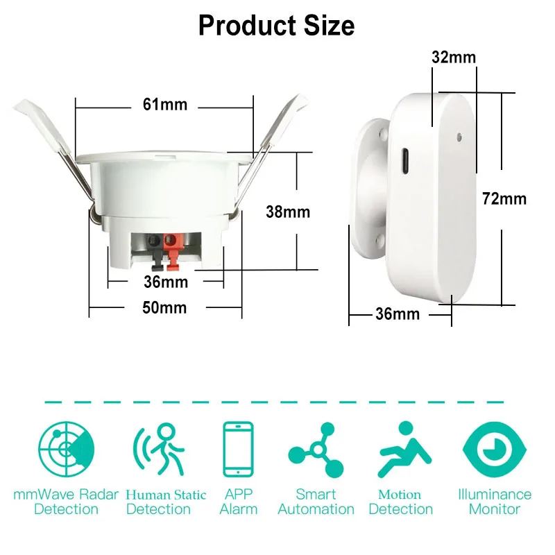 Tuya Smart WiFi Zigbee Millimeter Wave Radar Motion Sensor Human Presence Detector With Luminance/Distance Detection 5V 110/220V