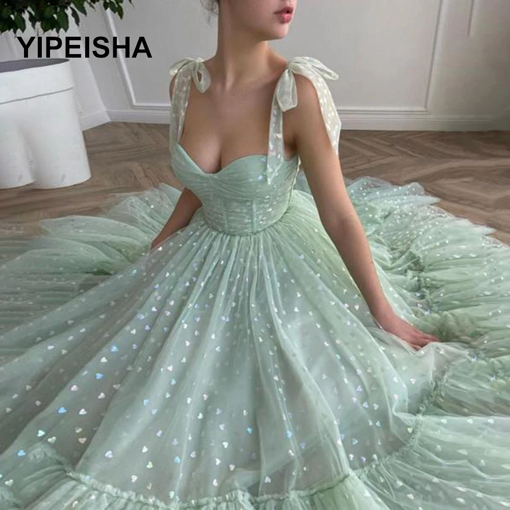 Customized Mint Green Prom Dresses 2021 Tied Bow Straps Sweetheart Midi Gowns Pockets Tea-Length Wedding Party