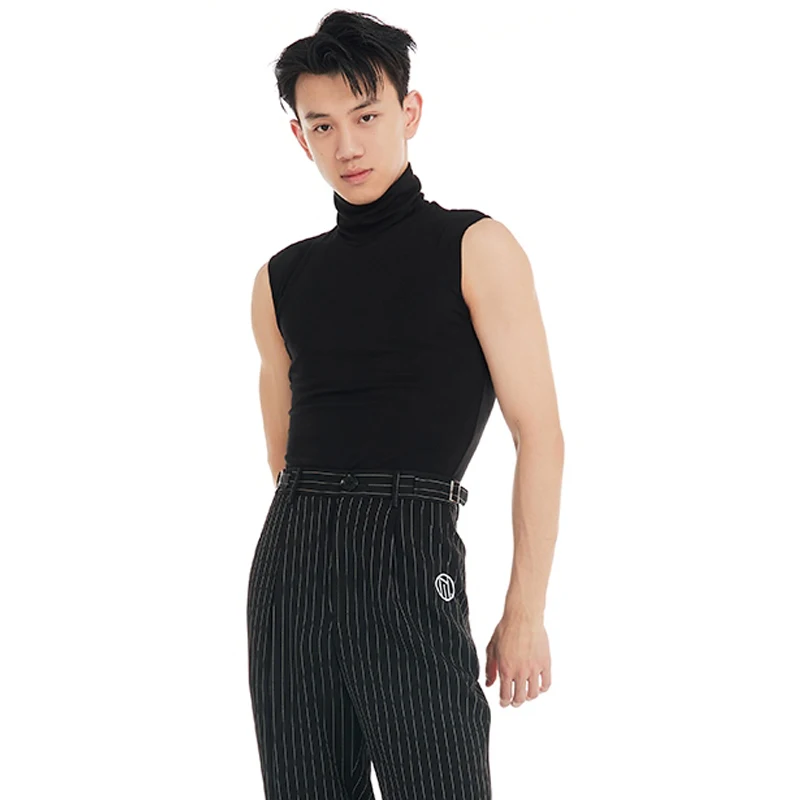 

2025 Latin Dance Performance Costumes For Men Black High Neck Sleeveless Vest Adult National Standard Latin Dance Tops DQS19758