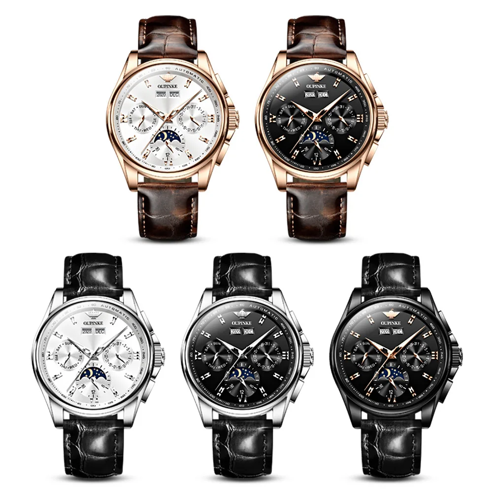 OUPINKE Luxury Brand Men\'s Watches Multifunctional Moon Phase Fully Automatic Mechanical Male Watch Waterproof Year Month Day