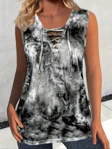 حجم كبير 1XL-5XL المرأة موضة رابطة عنق مستديرة صبغ طباعة أكمام تانك القمم السيدات عادية الصيف القمم تانك
